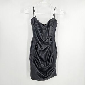 Nookie Bodycon Mini Dress Black Faux Leather Cinched Spaghetti Straps Size S